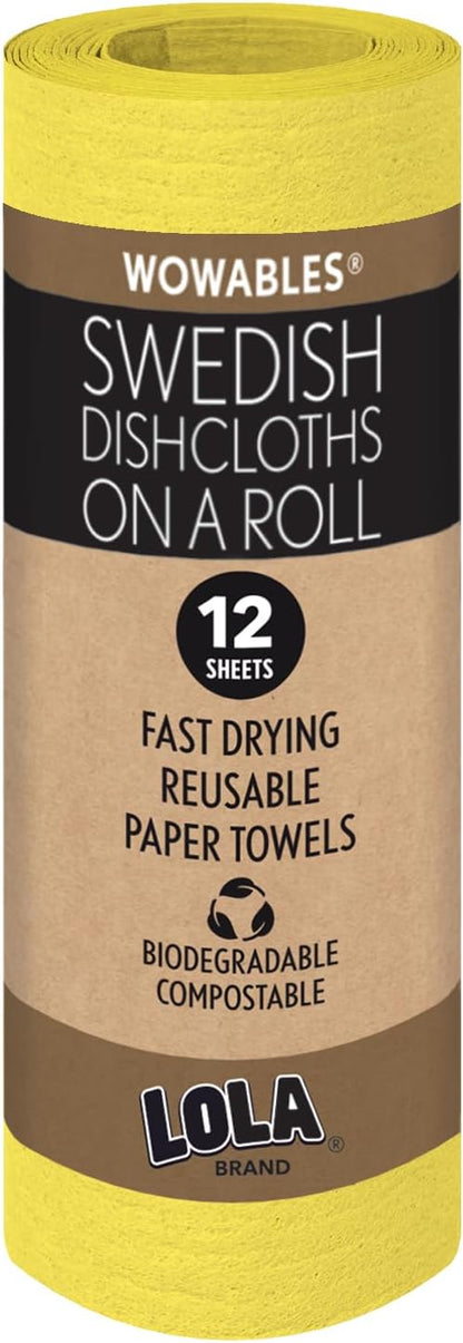 LOLA Swedish Dishcloths on a Roll 12 Pack, Sustainable Cleaning, Cellulose Sponge Cloths, Reusable Paper Towels, 11" x 10" Made in Germany