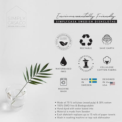 8 Pack Reusable Swedish Dishcloth, for Kitchen and Household Use, Super Absorbency, Made in Sweden, Cellulose Sponge Dish Cloths, Paper Towel Replacement, Plastic-Free Packaging