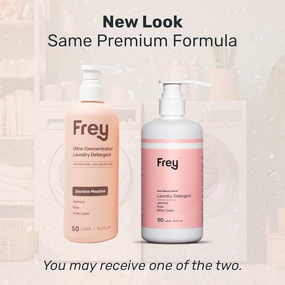 FREY Concentrated Liquid Laundry Detergent - Specially Formulated for Sensitive Skin and High Efficiency (HE) Washers - Removes Stains, Ideal for 50 Loads - Jasmine Rose White Cedar Scent - Pack of 2