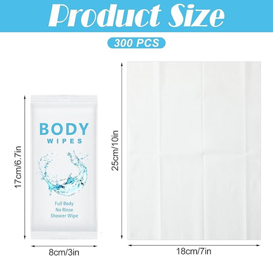 Treela 300 Pcs Bulk Large Body Wipes Individually Wrapped Big Bath Wipes for Adults Bathing No Rinse Shower Bulk Deodorant for Homeless Hygiene Personal Cleansing for Travel Gym(7.09" X 9.84",White)