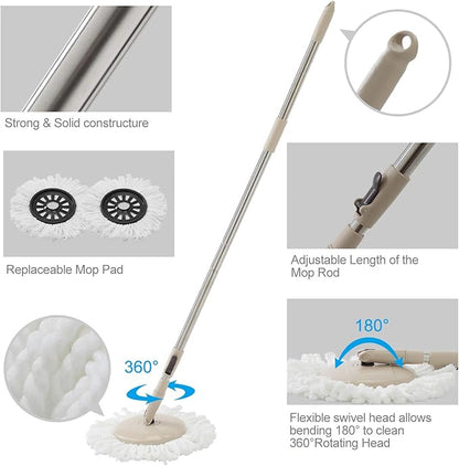 Eyliden 360° Spin Mop Bucket System - Rapid Dry, 2 Microfiber Pads, Adjustable Handle - Mop and Bucket for Home & Commercial Floors, Brown