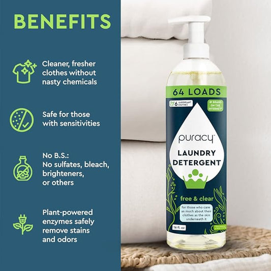 Puracy Laundry Detergent - Enzyme-Powered Liquid Laundry Detergent Concentrate, Natural Laundry Detergent Seen on TikTok, Non-Toxic (Free & Clear, and Fresh Linen, 16 fl oz, 2-Pack, 128 Loads)