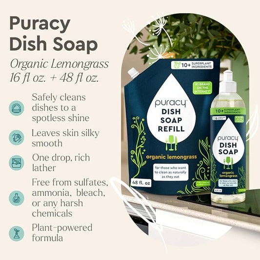 Puracy Natural Dish Soap - Enzyme-Powered Dishwashing Soap, Organic Dishsoap Liquid Clean Non-Toxic (Organic Lemongrass, 16oz and 48oz Refill)