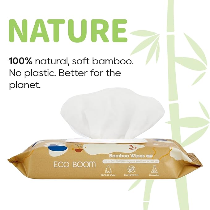 ECO BOOM bamboo Baby Wipes | natural | 100% Plant-Based | Unscented & Hypoallergenic for Sensitive Skin | 99% Water | 16 Pack, 960 Count Bulk Buy
