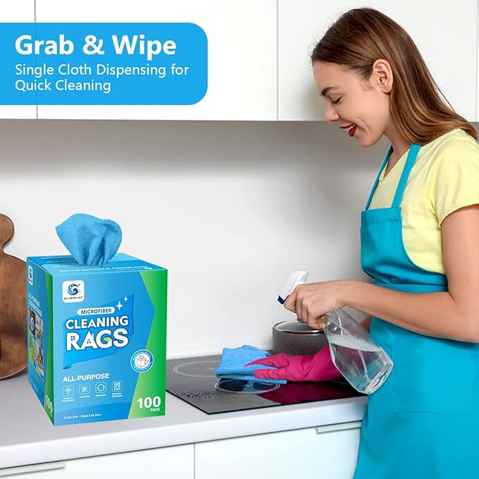 Microfiber Cleaning Cloth, 100 Pack Cleaning Rags, Lint-Free, Ultra Absorbent Reusable Paper Towels for Home, Kitchen, Car, Garage or Shop, Dish Rags, 11" x 9", Blue