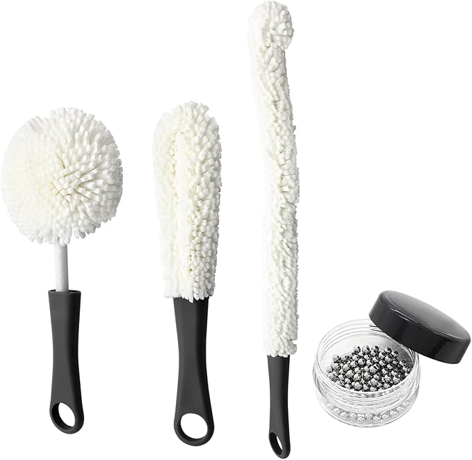 BokWin 3 Pcs Decanter Cleaner Set Flexible Wine Bottle Cleaning Brush with Decanter Cleaning Balls,Scourer Cleaning Tools for Glasses Goblets Cups Champagne Flutes(Black)