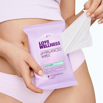 Love Wellness pH Balancing Wipes for Women | Fragrance-Free | Vulva Cleanser for Balanced pH, Intimate Health & Hygiene | Non-Irritating with Aloe Vera for Sensitive Skin | Travel Size | 3-Pack
