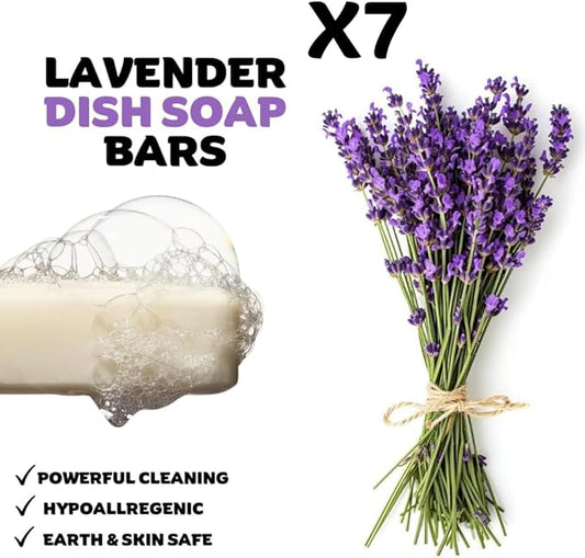 7 Big Dish Soap Bars with Lavender Oil & Natural Ingredients, Skin-Safe, Non-Toxic, Plastic-Free Packaging