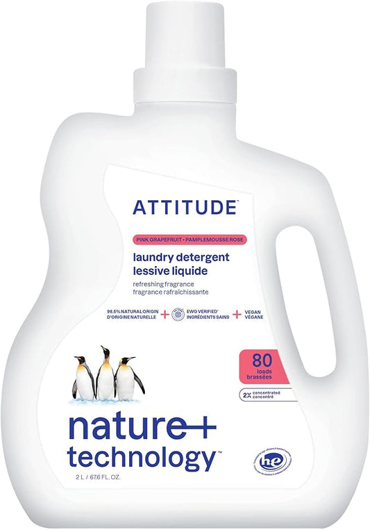 ATTITUDE Liquid Laundry Detergent, EWG Verified Laundry Soap, HE Compatible, Vegan and Plant Based Products, Cruelty-Free, Pink Grapefruit, 80 Loads, 67.6 Fl Oz