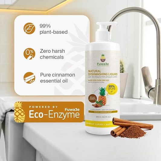 Fuwa3e Pineapple Enzyme Natural Dish Soap Earthy Cinnamon Scent - 16.9oz 1 Pack - 99% Plant Based Dish Liquid - Hypoallergenic Dish Soap from Discarded Pineapple Peels