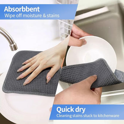 KinHwa Kitchen Washcloths for Dishes Absorbent Microfiber Dish Cloths Quick Dry Dish Rags with Poly Scour Scrub Side Ideal for Kitchen Cleaning and Housekeeping (Gray-B, 7inch X7inch)