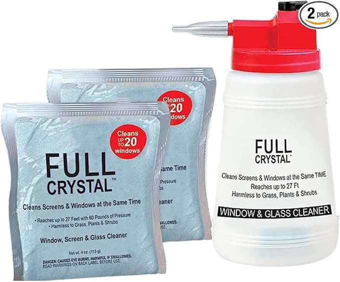 Full Crystal Kit - Bottle, Lid with Hose Attachment, and Two 4 oz. Crystal Powder Exterior Window Cleaner Packets for Glass and Screens (Cleans Up to 40 Windows)