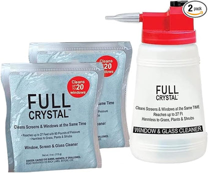 Full Crystal Kit - Bottle, Lid with Hose Attachment, and Two 4 oz. Crystal Powder Exterior Window Cleaner Packets for Glass and Screens (Cleans Up to 40 Windows)