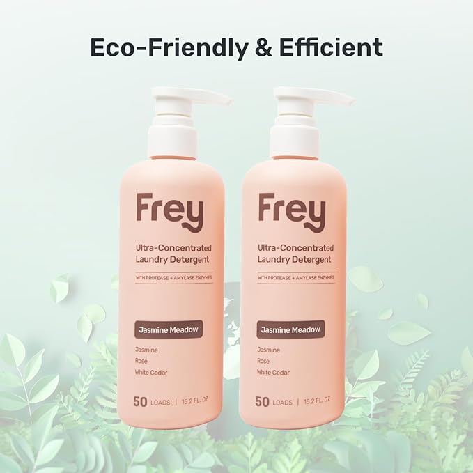 FREY Concentrated Liquid Laundry Detergent - Specially Formulated for Sensitive Skin and High Efficiency (HE) Washers - Removes Stains, Ideal for 50 Loads - Jasmine Rose White Cedar Scent - Pack of 2