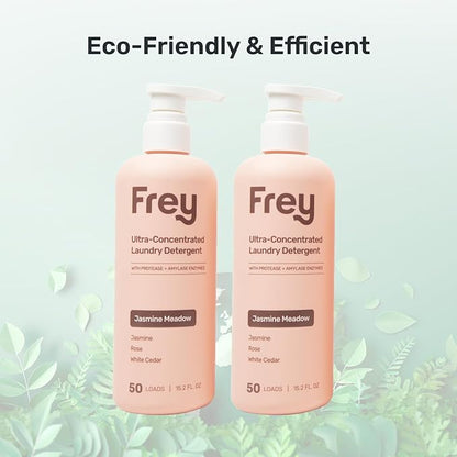 FREY Concentrated Liquid Laundry Detergent - Specially Formulated for Sensitive Skin and High Efficiency (HE) Washers - Removes Stains, Ideal for 50 Loads - Jasmine Rose White Cedar Scent - Pack of 2