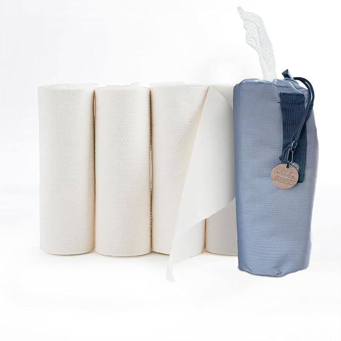 100% Cotton Dry Wipes with Dispenser Bag & 4 Refills | Wild & Pure | Unbleached | Compostable | Reusable or Disposable | Made in USA | Soft & Absorbent (5 Rolls with 30 sheets each)