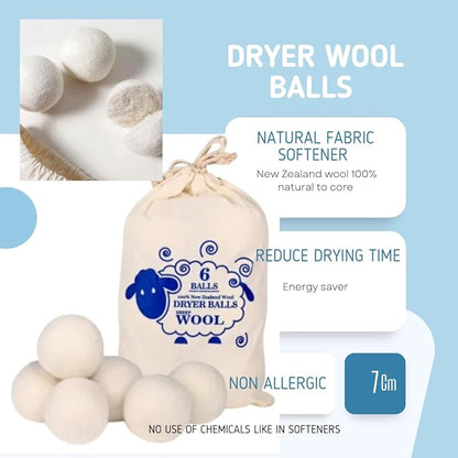 Wool Dryer Balls Pack of 6, 100% New Zealand Wool dryer balls,Chemical free, Natural Fabric Softener, dryer balls,Hypoallergenic