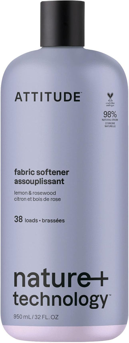 ATTITUDE Liquid Fabric Softener, Natural Origin Ingredients, For White and Colored Clothing, Deodorizes, Gentle on Delicate Skin, Lemon & Rosewood, 38 Loads, 32 Fl Oz