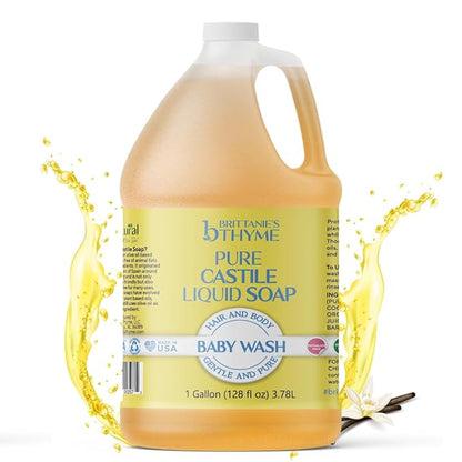 Brittanie's Pure Organic Castile Liquid Olive Oil Soap Refill, Baby, 1 Gallon | Face, Body Wash, Dishes, Pets & Laundry | Vegan & Gluten Free Non-GMO