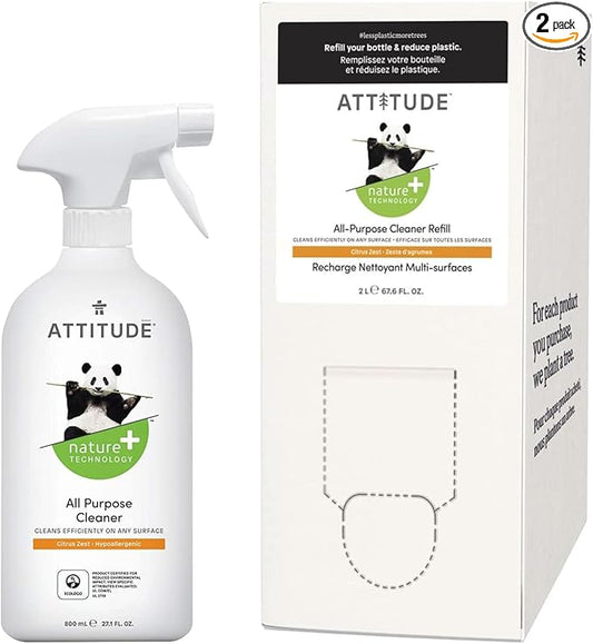 Bundle of ATTITUDE Multipurpose Spray Cleaner, Efficient Multi-Surface Plant & Mineral-based Formula, Vegan and Cruelty-Free, Citrus Zest, 27.1 Fl Oz + Bulk Refill 67.6 Fl Oz