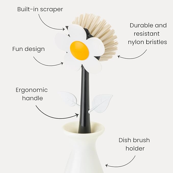 Vigar Flower Power Dish Brush with Vase Brush Holder, Dish Brush with Handle for Pot Scrubber, Dishes, Sink, and Kitchen Essentials, White, Black