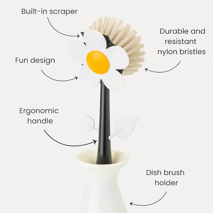 Vigar Flower Power Dish Brush with Vase Brush Holder, Dish Brush with Handle for Pot Scrubber, Dishes, Sink, and Kitchen Essentials, White, Black