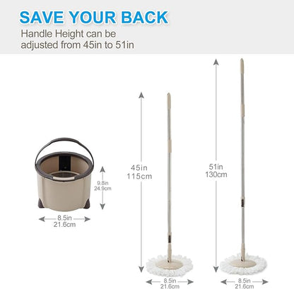 Eyliden 360° Spin Mop Bucket System - Rapid Dry, 2 Microfiber Pads, Adjustable Handle - Mop and Bucket for Home & Commercial Floors, Brown