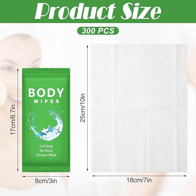 Treela 300 Pcs Bulk Large Body Wipes Individually Wrapped Big Bath Wipes for Adults Bathing No Rinse Shower Bulk Deodorant for Homeless Hygiene Personal Cleansing for Travel Gym(7.09" X 9.84",Green)
