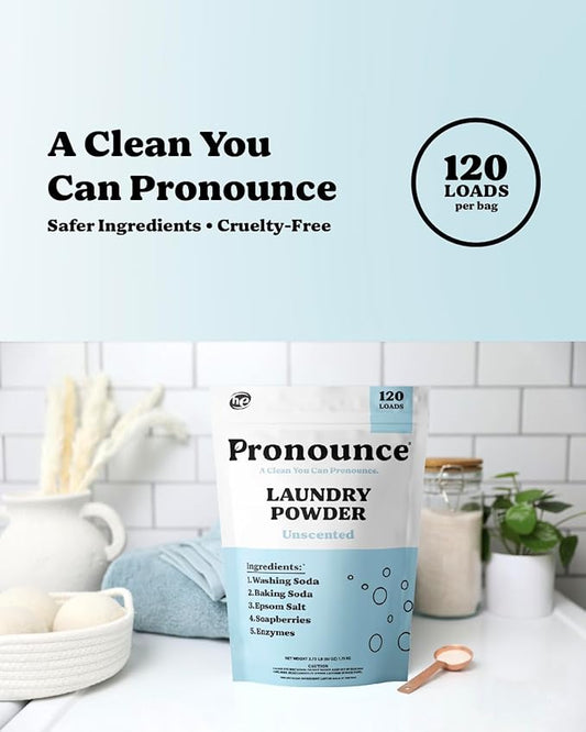 Pronounce Laundry Detergent Powder Alternative | Earth-Derived Ingredients, Eco-Friendly, Safer for Sensitive Skin, Eczema, and Babies. Stain + Smell Fighting. HE Safe (Unscented, 120 Loads)