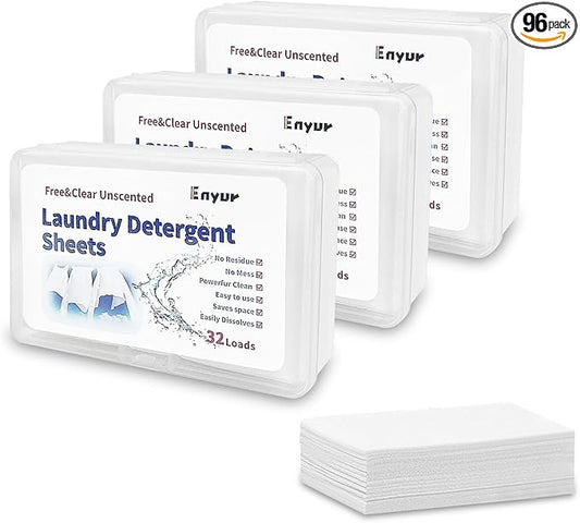 Laundry Detergent Sheets by Enyur, Laundry Sheets for Traveling, No Scent, Free and Clean For Borh Travel and Home Use - 3 Pack / 96 Loads