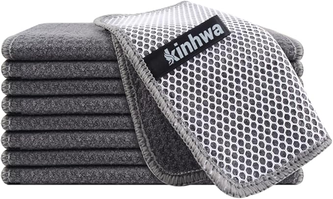 KinHwa Kitchen Washcloths for Dishes Absorbent Microfiber Dish Cloths Quick Dry Dish Rags with Poly Scour Scrub Side Ideal for Kitchen Cleaning and Housekeeping (Gray-B, 7inch X7inch)