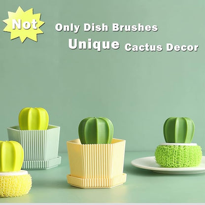Cactus Mini Dish Brush Set with Drip Tray (3 Replacement Brushes), Durable Kitchen Cleaning Scrubbers for Plates, Pans, Pots, Sink (Green)
