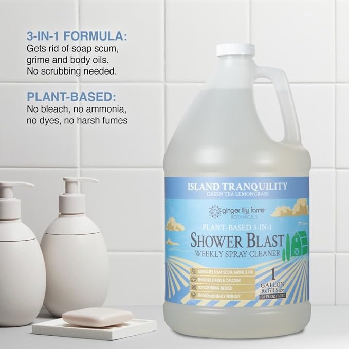 Ginger Lily Farms Botanicals Plant-Based 3-in-1 Shower Blast Weekly Spray Cleaner, 100% Vegan & Cruelty-Free, Island Tranquility, Green Tea Lemongrass, 1 Gallon (128 fl. oz.) Refill