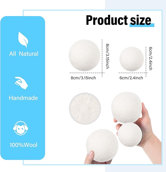 24 Pack Wool Dryer Balls, 3.15'', 2.4'' Reusable Laundry Balls Wool Balls Natural No Lint Fabric Softener Balls for Clothing Wrinkles (White)