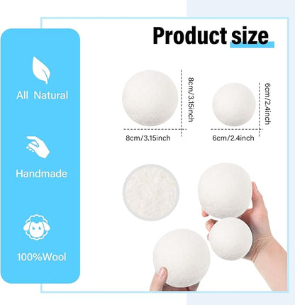 24 Pack Wool Dryer Balls, 3.15'', 2.4'' Reusable Laundry Balls Wool Balls Natural No Lint Fabric Softener Balls for Clothing Wrinkles (White)