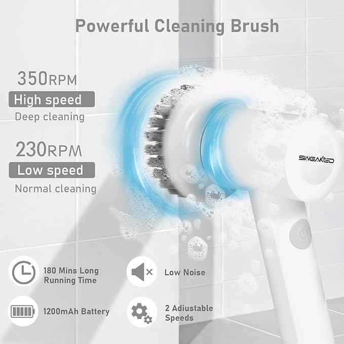 Electric Spin Scrubber Cordless Power - Handheld Spin Brush with 5 Replacemet Brush Heads, Scrubber for Cleaning Kitchen Bathroom Floor Stove with 2 Speeds Include Type-C Charger and Battery (White)