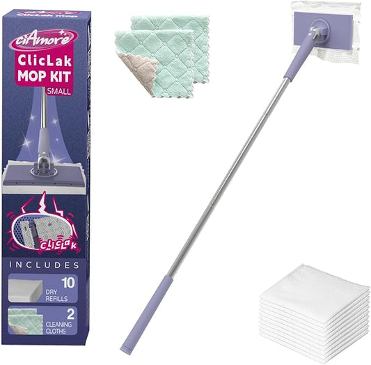 ClicLak Mini Sweeper, Instantly Attach & Remove Cloth Without Touch, Small Clamp Clip Duster with 10 Cleaning Pads, Dry and Wet Easy Use for Kitchen Bathroom Wall Mirrors