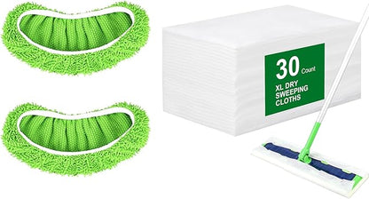 30 Count Disposable XL Dry Sweeping Cloths + 2 Pack Reusable Microfiber Mop Pads for Swiffer Sweeper XL Mop (Mop is not Included)