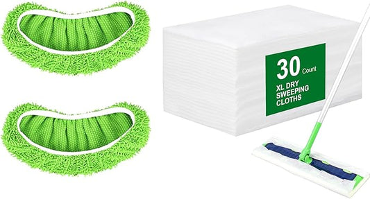 30 Count Disposable XL Dry Sweeping Cloths + 2 Pack Reusable Microfiber Mop Pads for Swiffer Sweeper XL Mop (Mop is not Included)