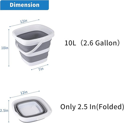 2 Pack Collapsible Buckets 10L 2.6 Gallon Cleaning Bucket Mop Bucket Folding Foldable Portable Small Plastic Water Supplies for Outdoor Garden Camping Fishing Car Wash Space Saving Square Grey Blue