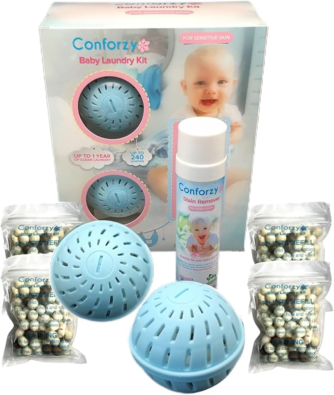 Conforzy Baby Laundry Balls Kit for Sensitive Skin. Washing Machine Balls and Stain Remover (Up-to 240 Washes). Eco-Friendly with no Harsh Chemicals. 1 Year Worth of Laundry