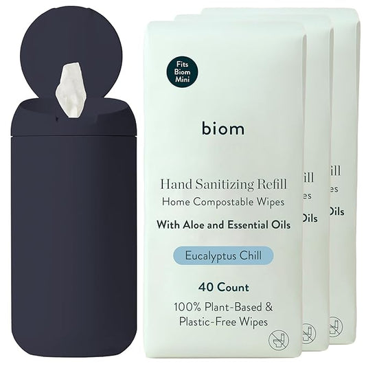 Mini Dispenser + Hand SanitizingWipes Starter Kit - Eucalyptus Scented Biodegradable Kid-SafeWipes | All Natural, Non-Toxic Plant-Based Hand SanitizingWipes with Aloe for Soft Skin (Midnight)