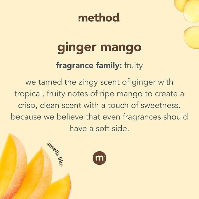 Method Liquid Laundry Detergent; Ginger Mango Scent; Plant-Based Stain Remover; 66 Loads per 53.5 fl oz bottle; 4 Pack (264 Total Loads); Packaging May Vary