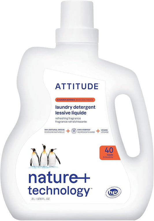 ATTITUDE Liquid Laundry Detergent, EWG Verified Laundry Soap, HE Compatible, Vegan and Plant Based Products, Cruelty-Free, Summer Berries, 40 Loads, 67.6 Fl Oz