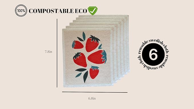SOONSOO Swedish Dishcloths 6Pack Absorbent Eco-Friendly Reusable Cleaning Cloths for Kitchen - Multi-Purpose Machine Washable, Compostable, Quick Drying Zero Waste Cellulose Kitchen Cloths (Fruit1)