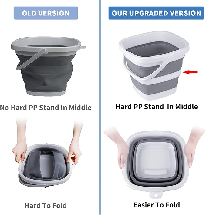 2 Pack Collapsible Buckets 10L 2.6 Gallon Cleaning Bucket Mop Bucket Folding Foldable Portable Small Plastic Water Supplies for Outdoor Garden Camping Fishing Car Wash Space Saving Square Grey Blue