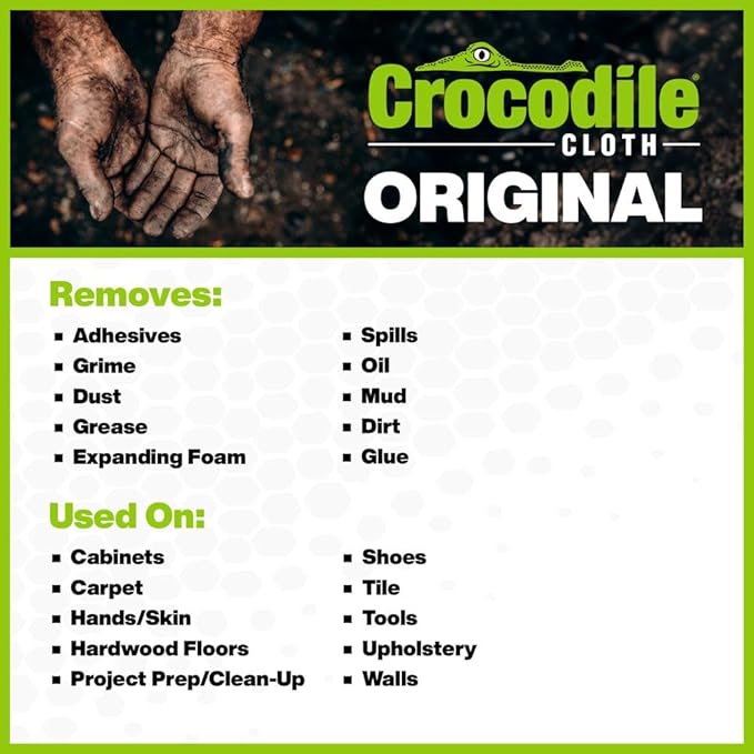 Crocodile Cloth Industrial Hand & Tool Cleaning Wipes - Heavy-Duty 10" x 15" Size Multi-Surface Cleaning Wipes, 100 Count Per Package. Water Based Solution with Extreme Cleaning Power. Safe on Skin.