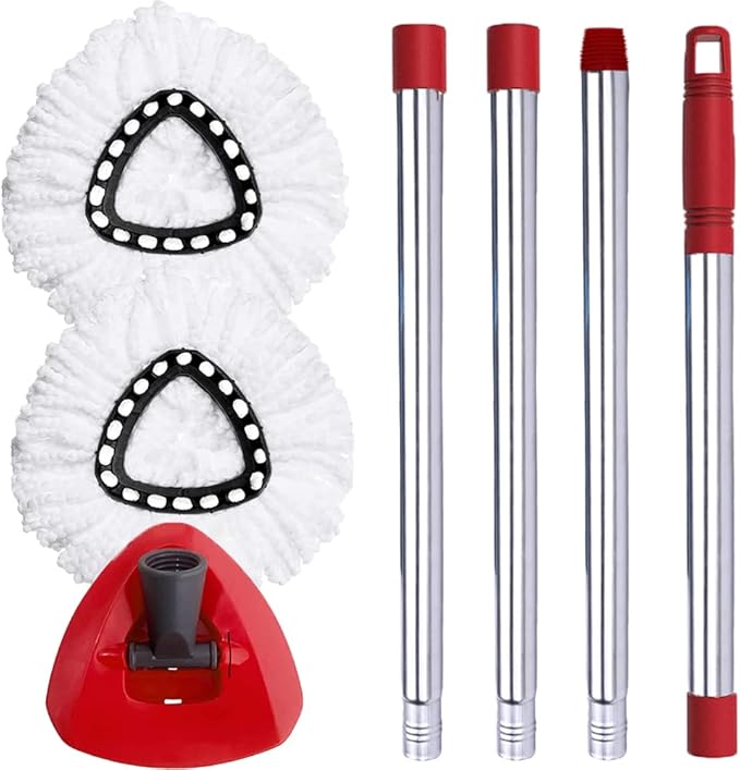 Spin Mop Head, Base, Handle Replacement for O-Ceda EasyWring Microfiber Spin Mop, 2 Microfiber Mop Refills, 1 Triangle Mops Head Cover and 30-58in Mop Handle Set Combo (White(1 Tank System))