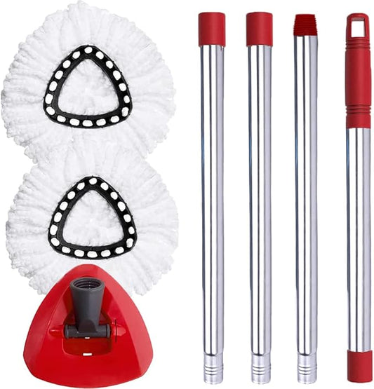 Spin Mop Head, Base, Handle Replacement for O-Ceda EasyWring Microfiber Spin Mop, 2 Microfiber Mop Refills, 1 Triangle Mops Head Cover and 30-58in Mop Handle Set Combo (White(1 Tank System))
