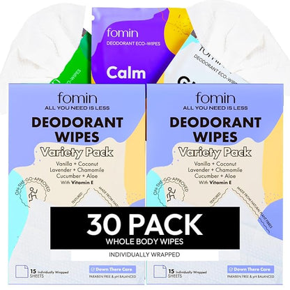 FOMIN Travel Deodorant Wipes - 30 Count - Variety Pack - pH Balanced, Hypoallergenic Mini Deodorant Wipes For Women and Men - Plastic-Free, Individually Wrapped Underarm & Body Wipes
